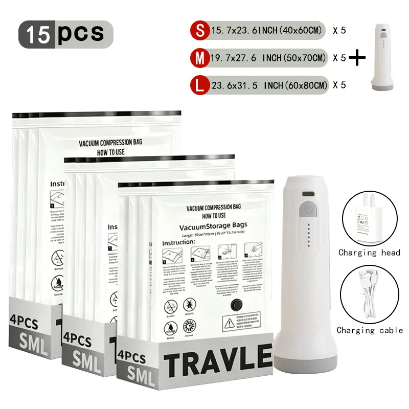 Cordless Travel Vacuum Bag Set GONGSHI Vacuum Seal Bags for Clothing Travel & Home Storage, Travel Vacuum Bags with Pump,Space Saver for Blankets, Comforters, Pillows, Clothes,15 Combo with Electric Pump， reusable compression packing bag