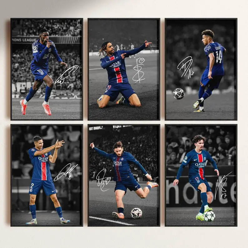 PSG Signed Poster: Ousmane Dembele, Bradley Barcola, Desire Doue, Achraf Hakimi, Khvicha Kvaratskhelia, Vitinha ( Unframed-Print Only )