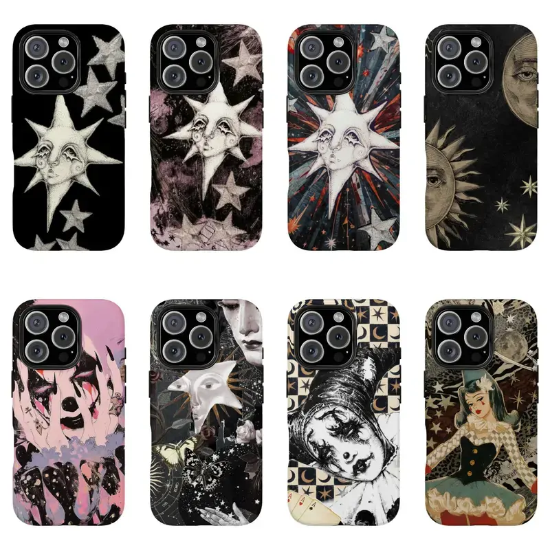 Whimsigoth Celestial Star & Dark Academia Clown Phone Case, Retro Y2K Grunge Aesthetic Phone Cover for iPhone 17 Pro Max 16 15 14 13 12 11