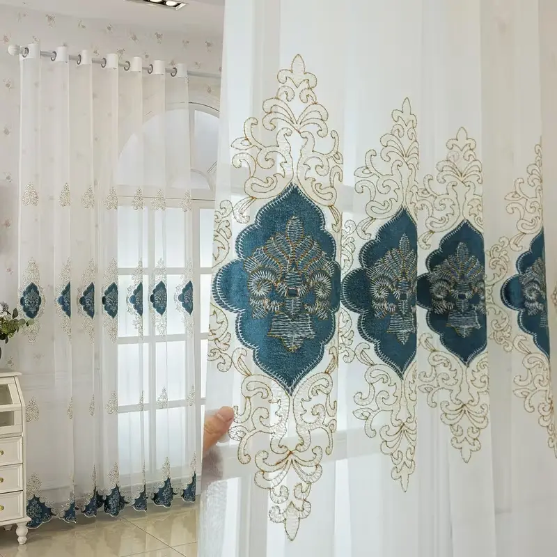 1pc Luxurious Baroque Embroidered Sheer Curtain, Blue, Decorative Floral Pattern, Elegant Style for Living Room Bedroom Villa