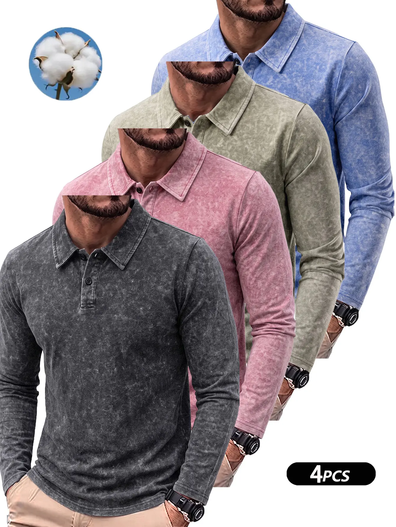 Men's Acid Wash Long Sleeve Polo Shirt, Vintage-style distressed collared top, Regular Fit Casual Streetwear Pullover, Soft Comfort Fabric, Multi‑Color Option, For Daily Commute, Hangout, Outdoor Travel, All‑Season Everyday Wear for Men