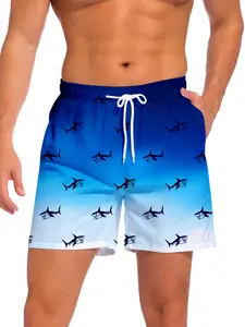 Men's Gradient Blue Shark Print Beach Pants, Casual Surfing Shorts for Vacation, Comfortable Summer Swimwear, Trendy Ocean