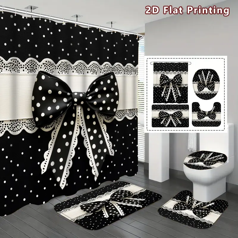 2D Flat, 2D Flat, 2D Flat 4pcs Polka Dot Bow Shower Curtain Set, Black White Polka Dot Bow with Lace Trim Bathroom Decor, Additions With, U-Shaped, Toilet Lid Cover, Shower Curtain Includes Hooks, Vintage Chic Decor, Home Decor, Bathroom Additions,family,
