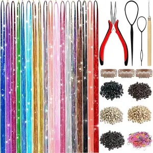 Hair Tinsel Kit for Girls Strands Fairy Tinsel Hair Extensions Holographic Hair Tinsel Heat Resistant Colored Hair Glitter Christmas Party Festival
