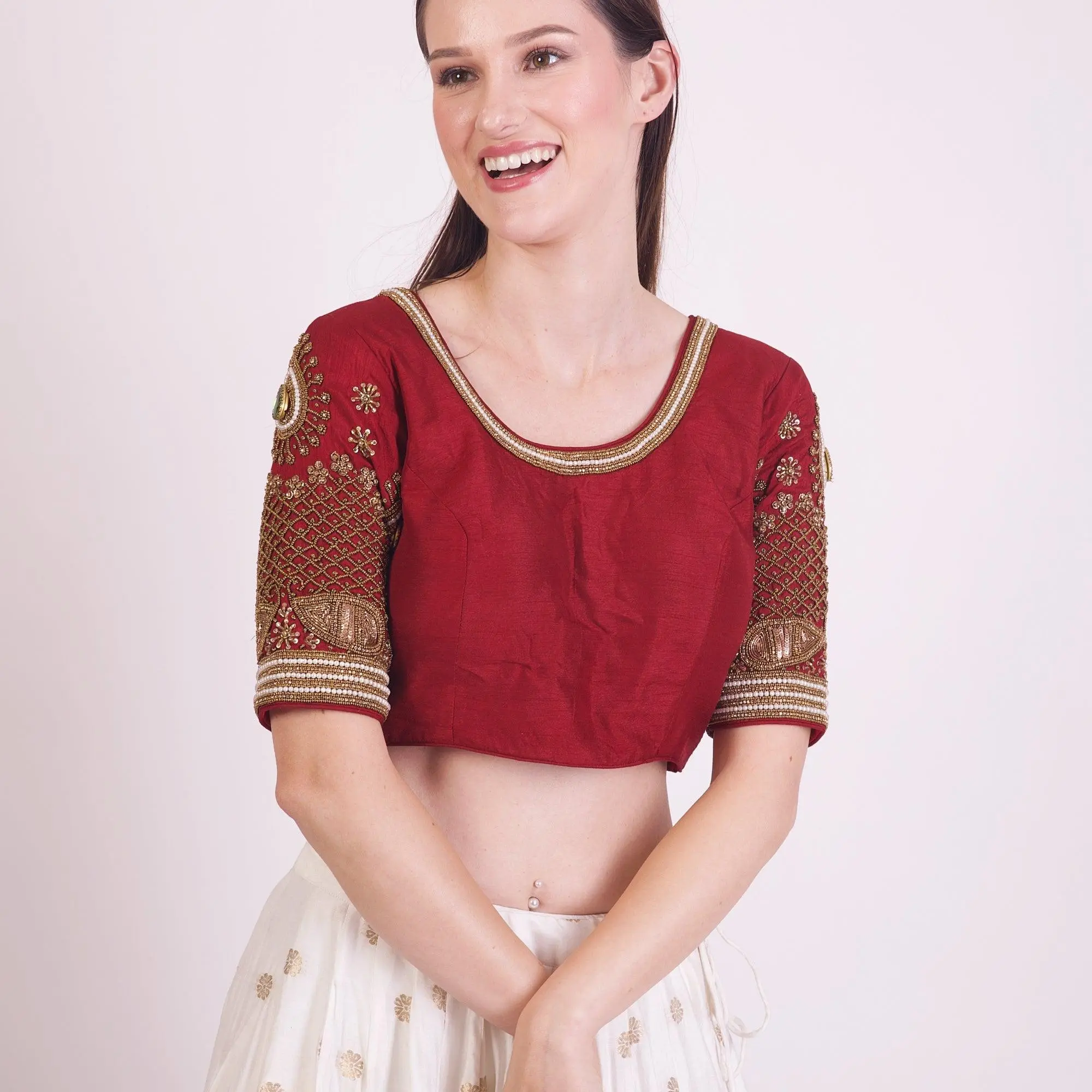 Zoey Maroon Blouse with Embroidered Pearls