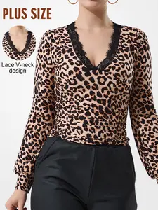 Plus Size Women's Long Sleeve Waist Cinching T-Shirt, Lace Trim Deep V Neck, Leopard Print Slim Fit, Street Style, Spring & Fall