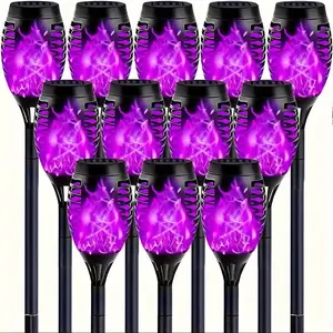 8/12pcs Purple LED Flickering Flame Solar Pathway Lights - Realistic Fire Effect, Silk Shade, Easy Install, Low Voltage Outdoor Decor for Garden, Lawn, Halloween, Christmas, Parties & Camping, Outdoor Solar Lights