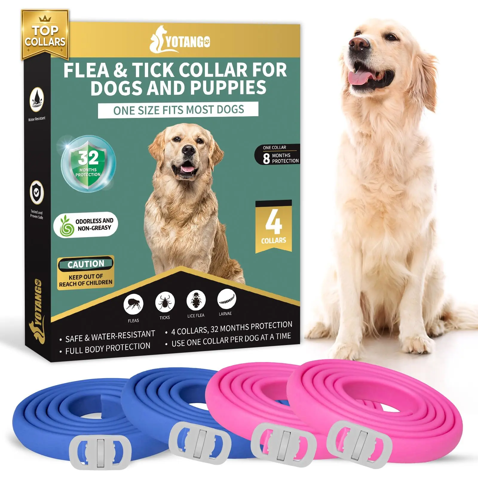 Flea Collar for Dogs, Dog Flea and Tick Collar, 4 Pack, 32 Months | Waterproof, Adjustable, and Lightweight for Dogs and Puppies. Four Collars Offer 32 Months and Start Within 24 Hours