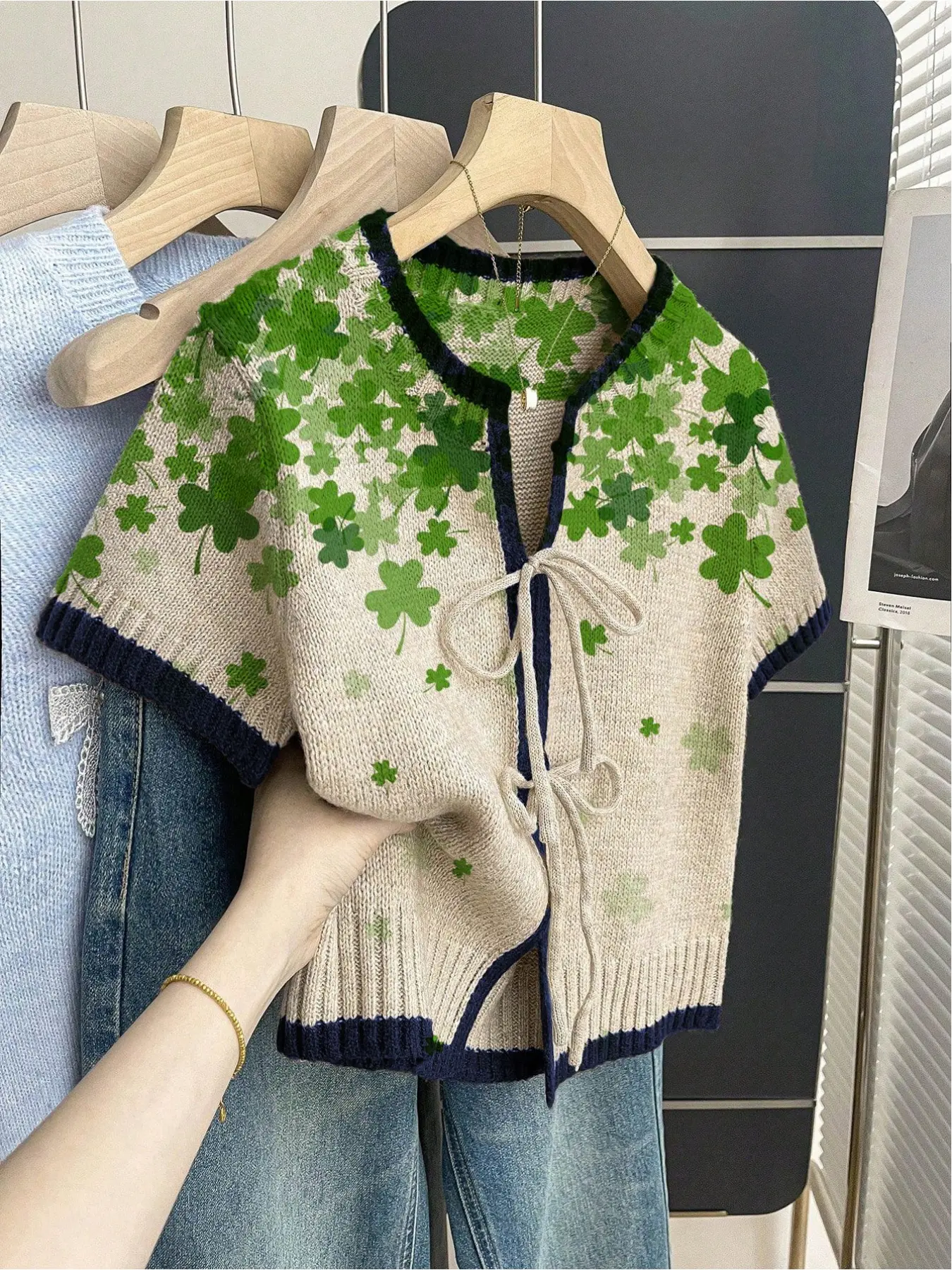 Bohemian casual vacation style loose round neck gradient green grass print short sleeve knit top, front tie design, contrast piping, khaki, women's spring summer casual top Womenswear, Casual Boho Blouses