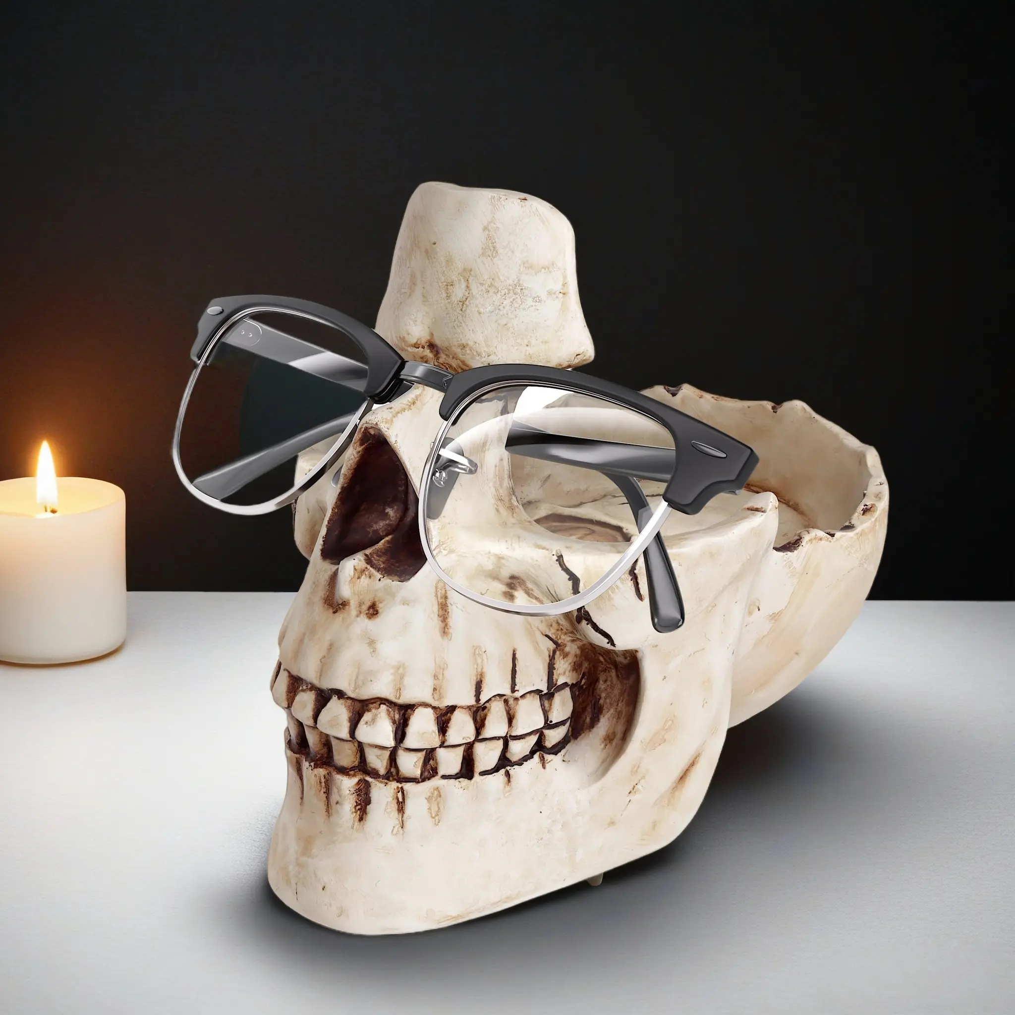 Upgraded Gothic Skull Glasses Holder with Storage Tray - Resin Novelty Eyeglasses & Sunglasses Display Stand - Desktop Organizer for Home & Office - Decorative Catch-All Tray for Nightstand, Entryway - Unique Gift Idea for Birthday & Father's Day