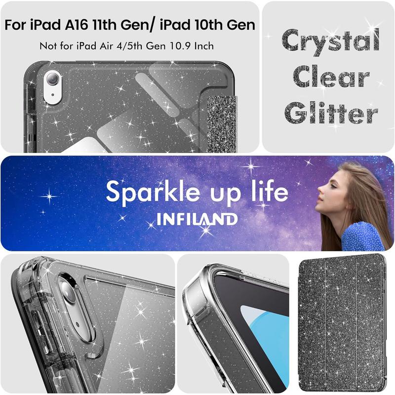 Case for iPad (a16) 11th gen &10th Generation with Pencil Holder, Cute Smart Tri-Fold Stand Slim Shiny Cover, Smooth Sparkly Glitter Crystal Clear Back Shell, Leather  pu Protective Tablet Computer Cases, Support Auto Wake protection , Black
