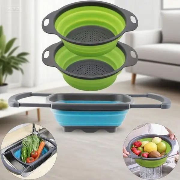 3-Piece Foldable Kitchen Strainer Set - Space-Saving Silicone Colander - 4 Quart and 6 Quart Over-the-Sink Design - Food-Grade Durable Plastic Base - Reusable Collapsible Food Strainer for Easy Storage