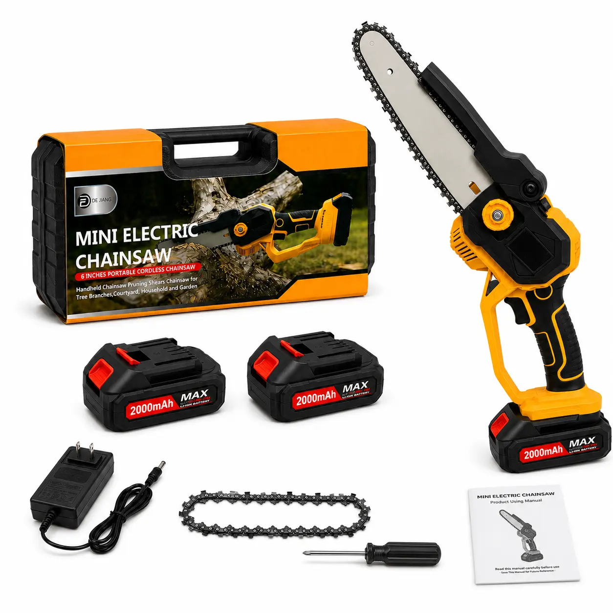 6-Inch Cordless Mini Chainsaw with 2 × 2000mAh Batteries, Compact Electric Pruning Saw with Charger, Spare Chain and Carrying Case for Branch Trimming and Garden Maintenance