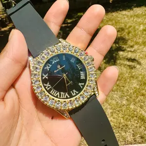 Gold Plated Iced Out Black Silicone Band Unisex Watch - Fashionable and Durable