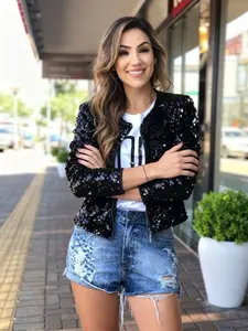 Women's Sequin Long Sleeve Casual Commuter Party Jacket, Plain Zip Design, Fall & Winter Fashion, Suitable for Work or Parties, Tops