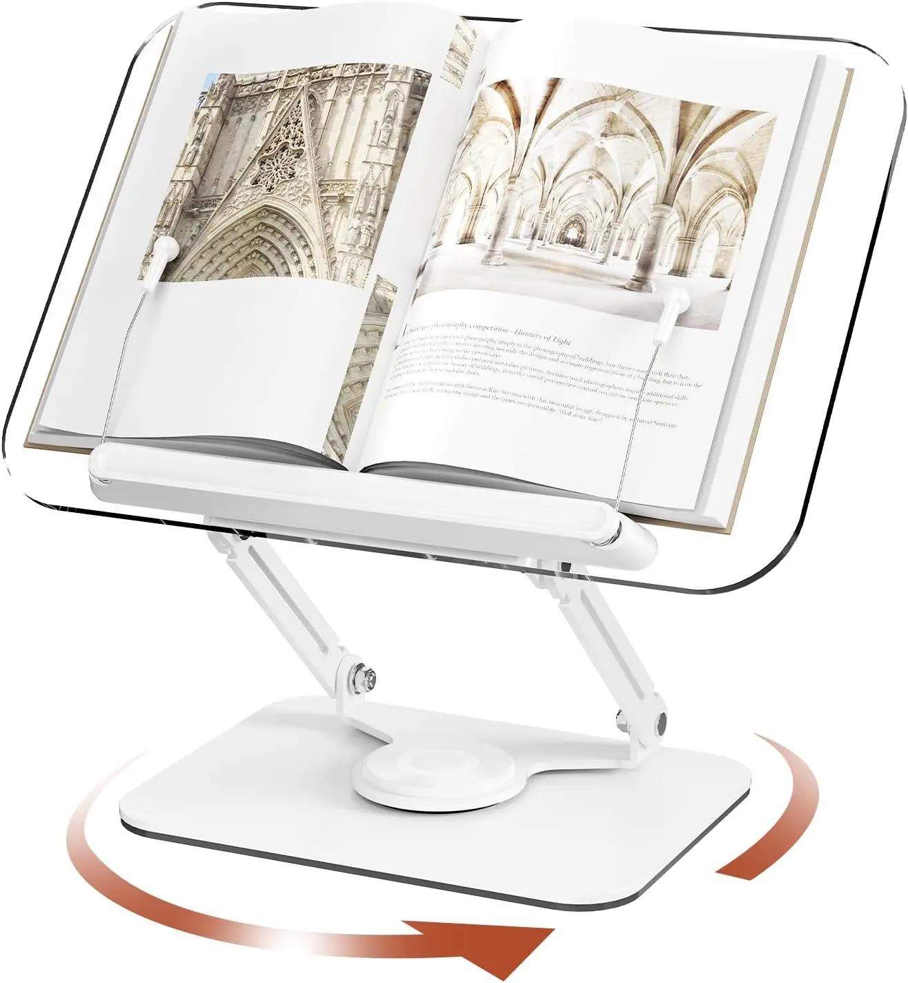 Acrylic Book Stand for Reading, Adjustable Book Holder, White | Foldable Desktop Riser Stand with 360° Rotating Base & Elastic Page Clips, for Cookbook,Laptop,Tablet,Music Scores,Textbook