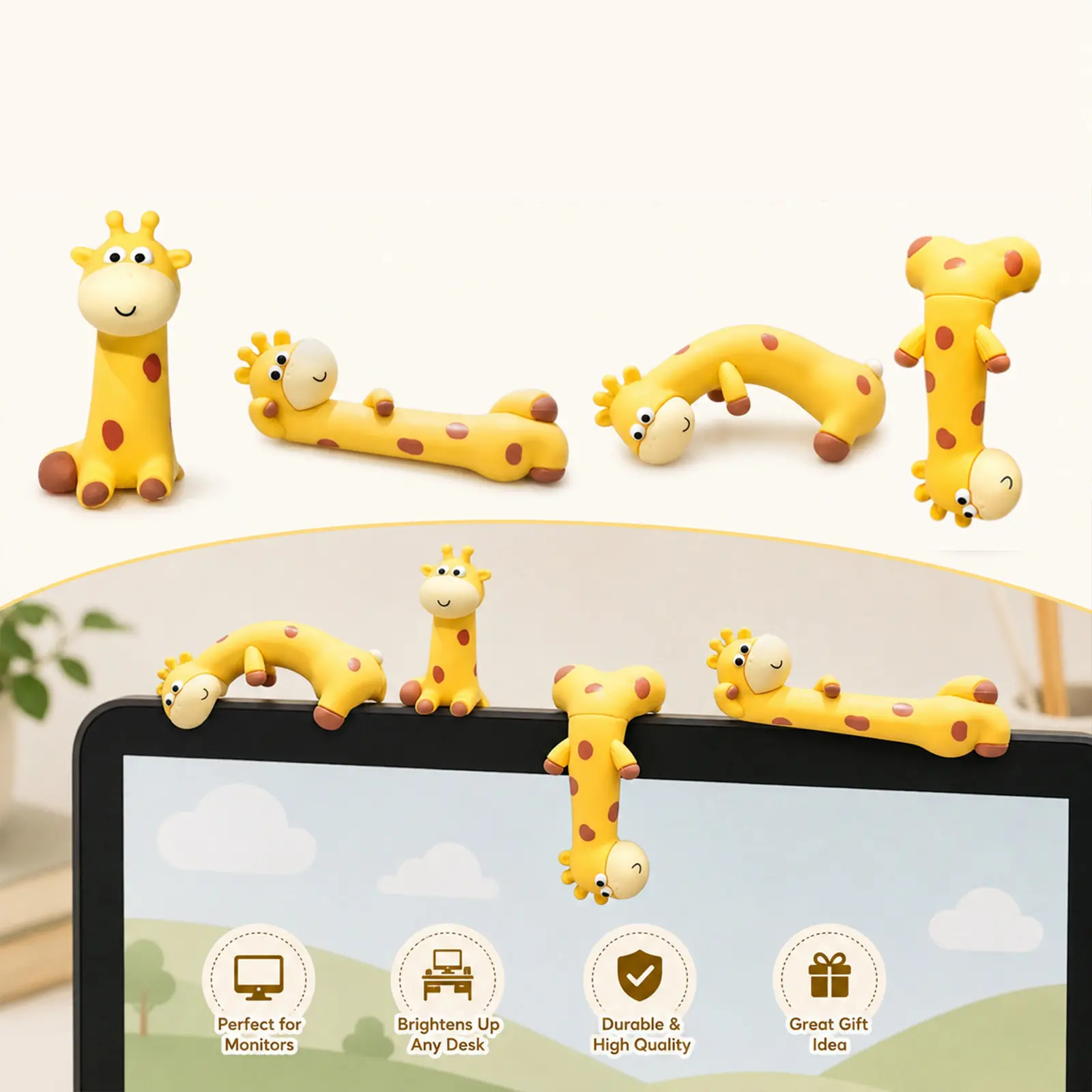 4 PCS Giraffe Monitor Hanger Desk Decor Cute Screen Top Figurines Computer Monitor Decoration Office Desk Accessories Funny Animal Display Gift for Coworkers Friends