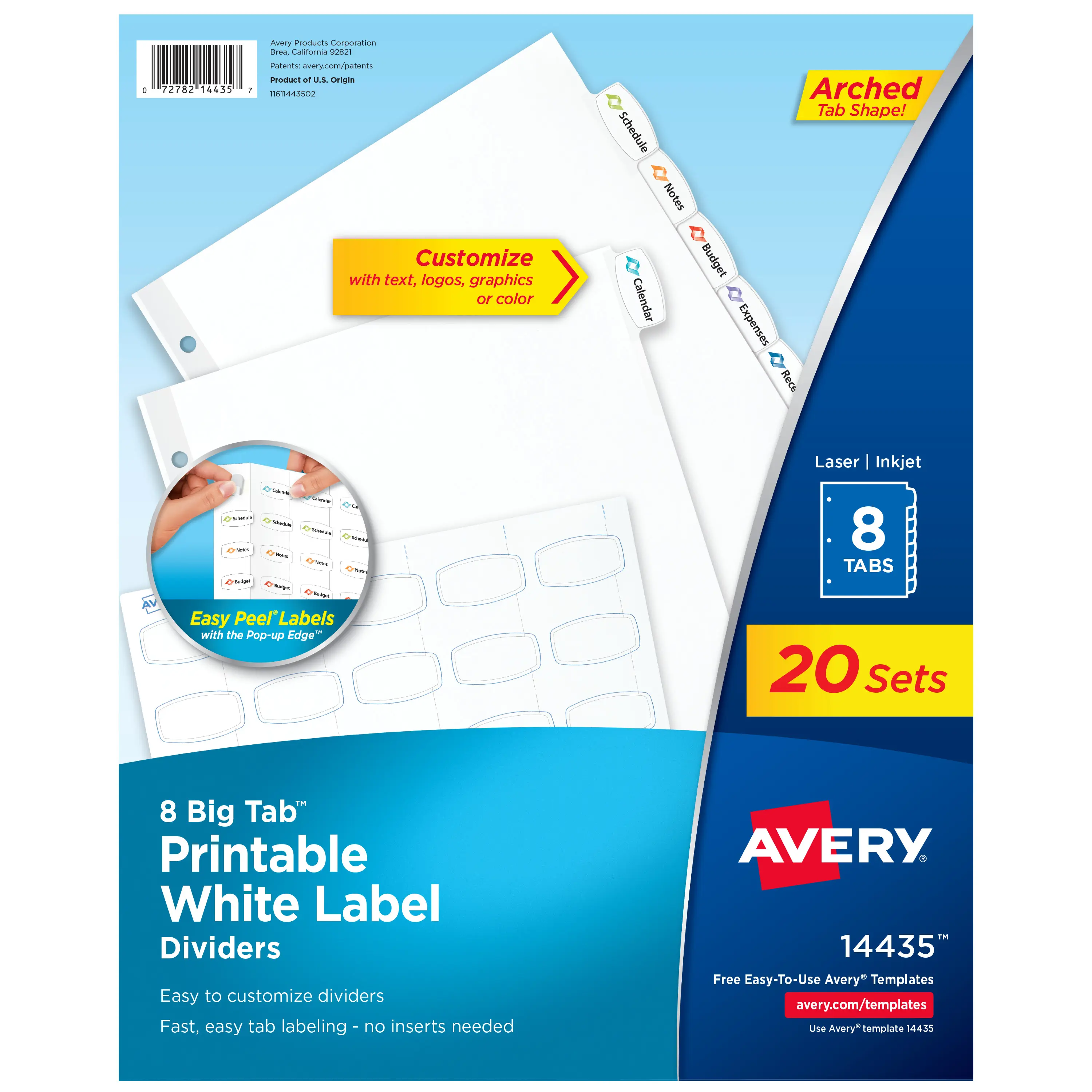 Avery Big Tab Printable White Label Dividers for 3 Ring Binders, 8 Tabs per Set, White (20 Sets of 14435)