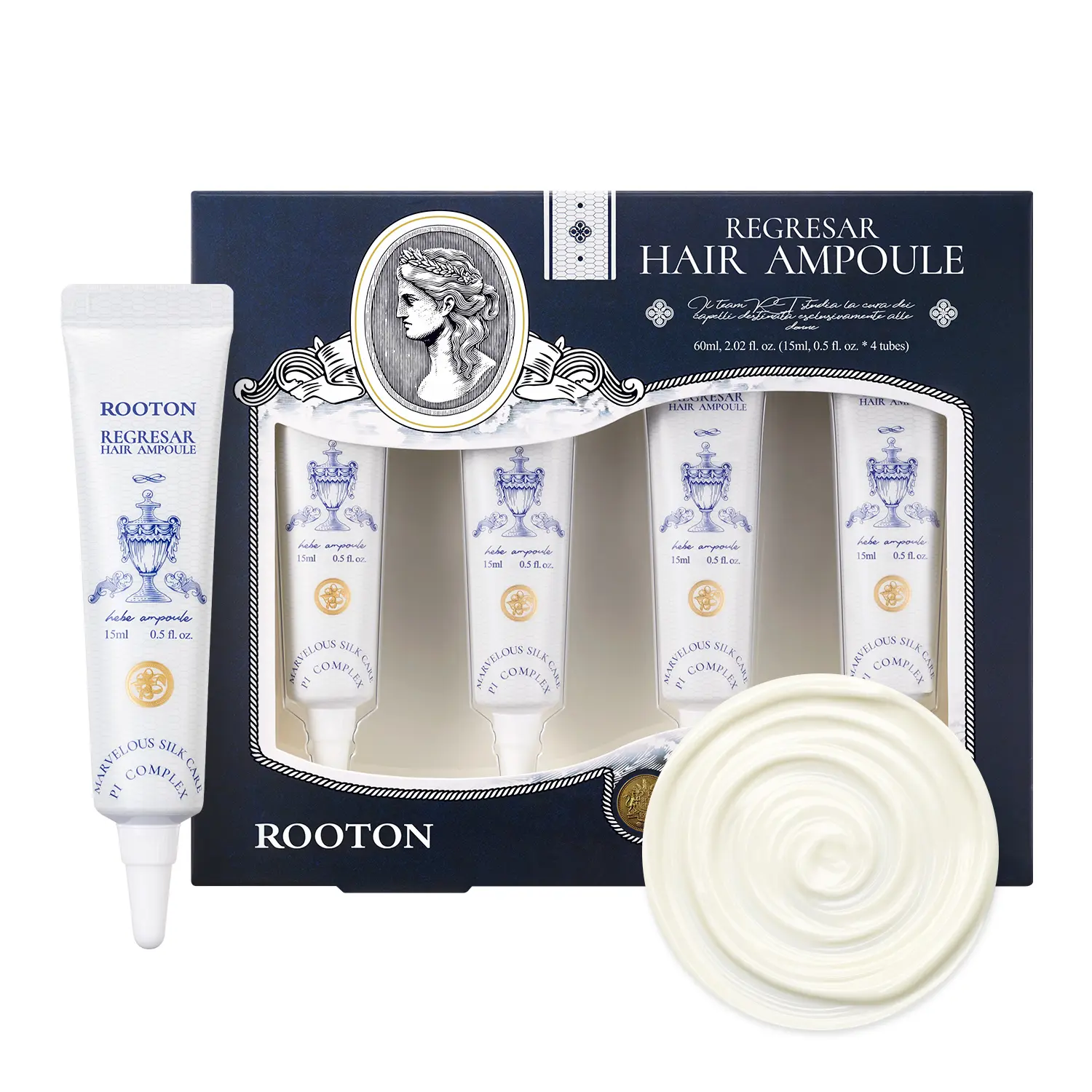 [ROOTON Official Store] Regresar Hair Ampoule 0.5 fl.oz × 4 (15 ml × 4ea) – Women Leave-On Protein Repair Ampoule for Damaged Hair, Cortex & Cuticle Restoration, Shine & Elasticity with PI-Complex