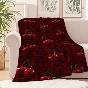 Bold Leopard Print Flannel Blanket with Glossy Red Cherry Accents, Stylish Throw Blanket for Home Décor, Perfect for Camping, Traveling, and Keeping Cozy in the Office! Leopard Pattern Blanket