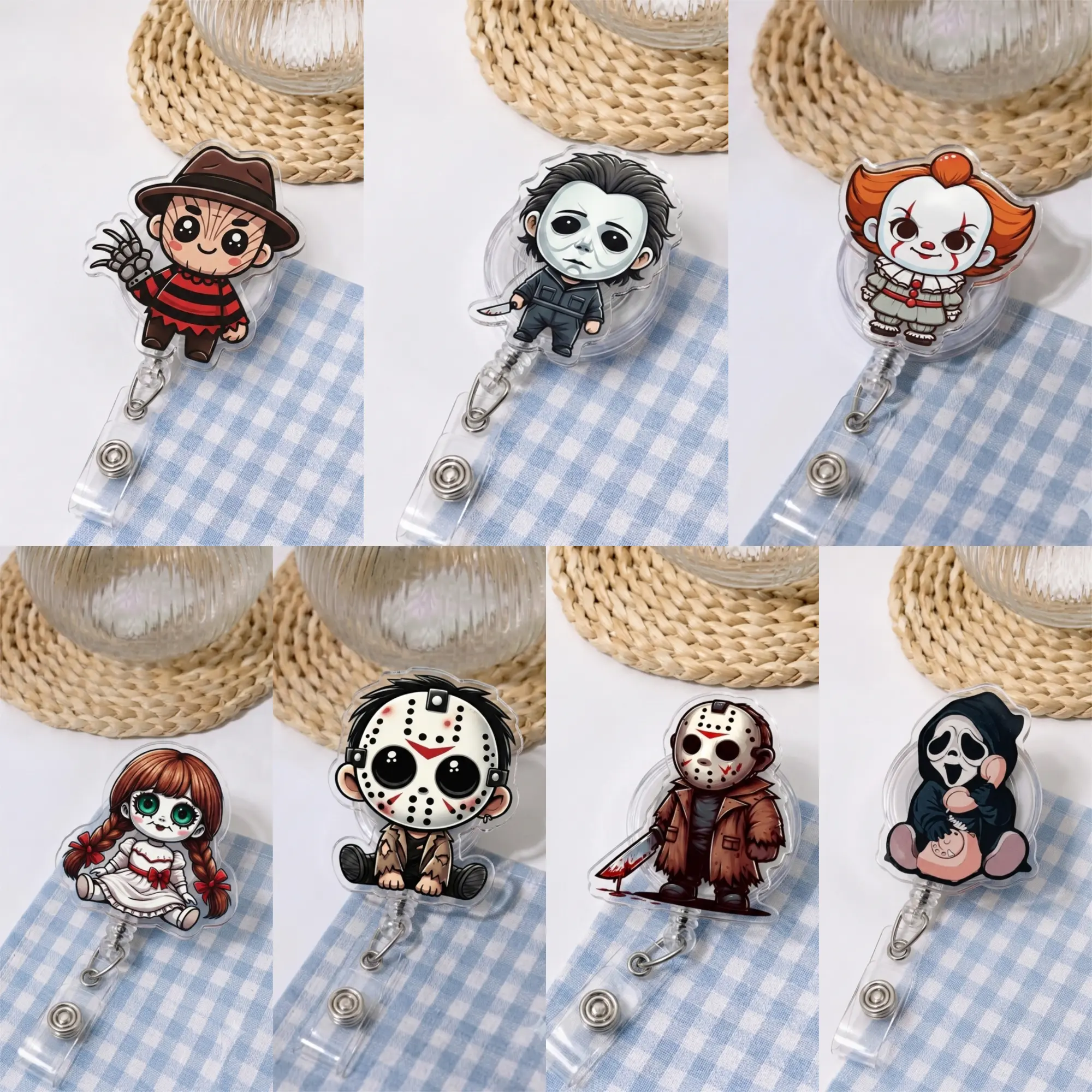 Cute Creepy Horror Badge Reel, Halloween Retractable ID Holder for Nurses and Teachers, Spooky Acrylic Name Badge Clip, Scary Movie Style Gift for Work
