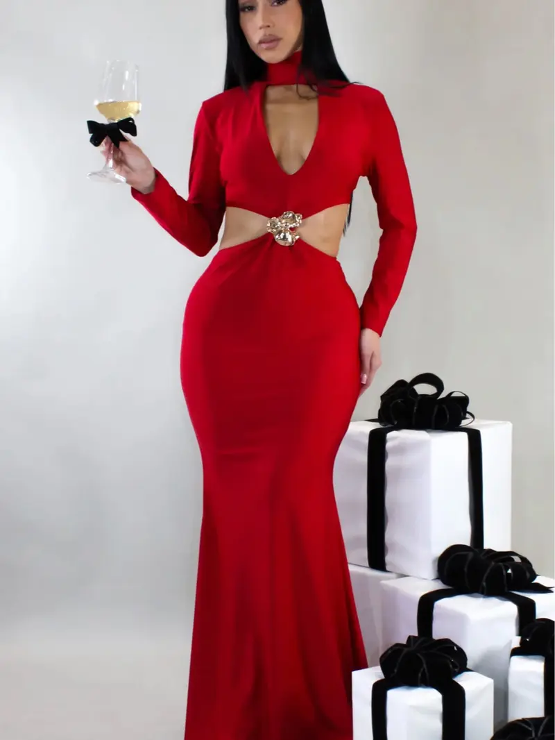 chinese dress ladies Wine Red Satin and Velvet Long Party Dress, Long Sleeves Evening Dress –  Cutedressy main image 1