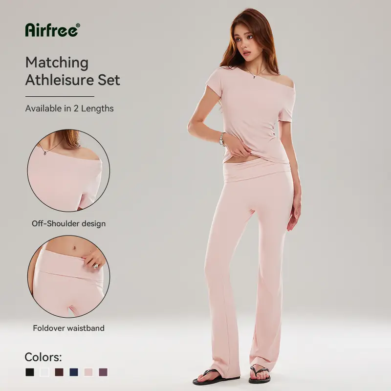 Airfree Women's 2 Piece Lounge Set Outfit Flattering Off Drop Shoulder Top with Fold Over Waist Flare Pant, Casual Lounge Matching Set, Slim Fit, Tall & Regular Length Friendly Minimal Chic Viral Everyday Outfit, Bump-Friendly Fit summerwins