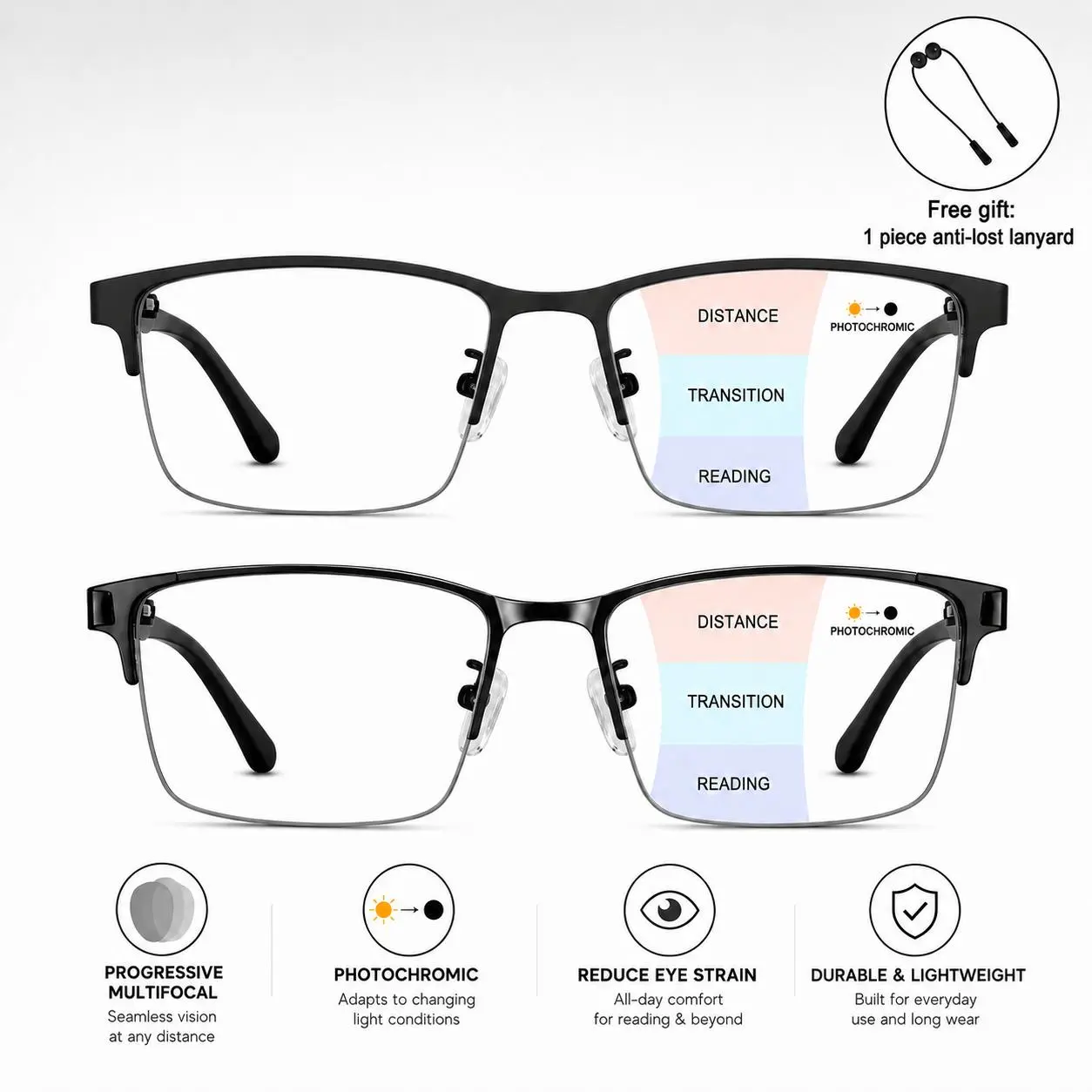 Progressive Multifocal Photochromic Reading Glasses for Men & Women, Ultra-Lightweight Transition Readers for Near, Mid & Far Range Vision, Anti-Lost Neck Lanyard Included