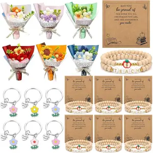 Wavwavw 6 Set Teacher Appreciation Gifts Bulk Include Positive Handmade Mini Crochet Flowers Bouquet Flower Keychains Wooden bead bracelet with Card for Te