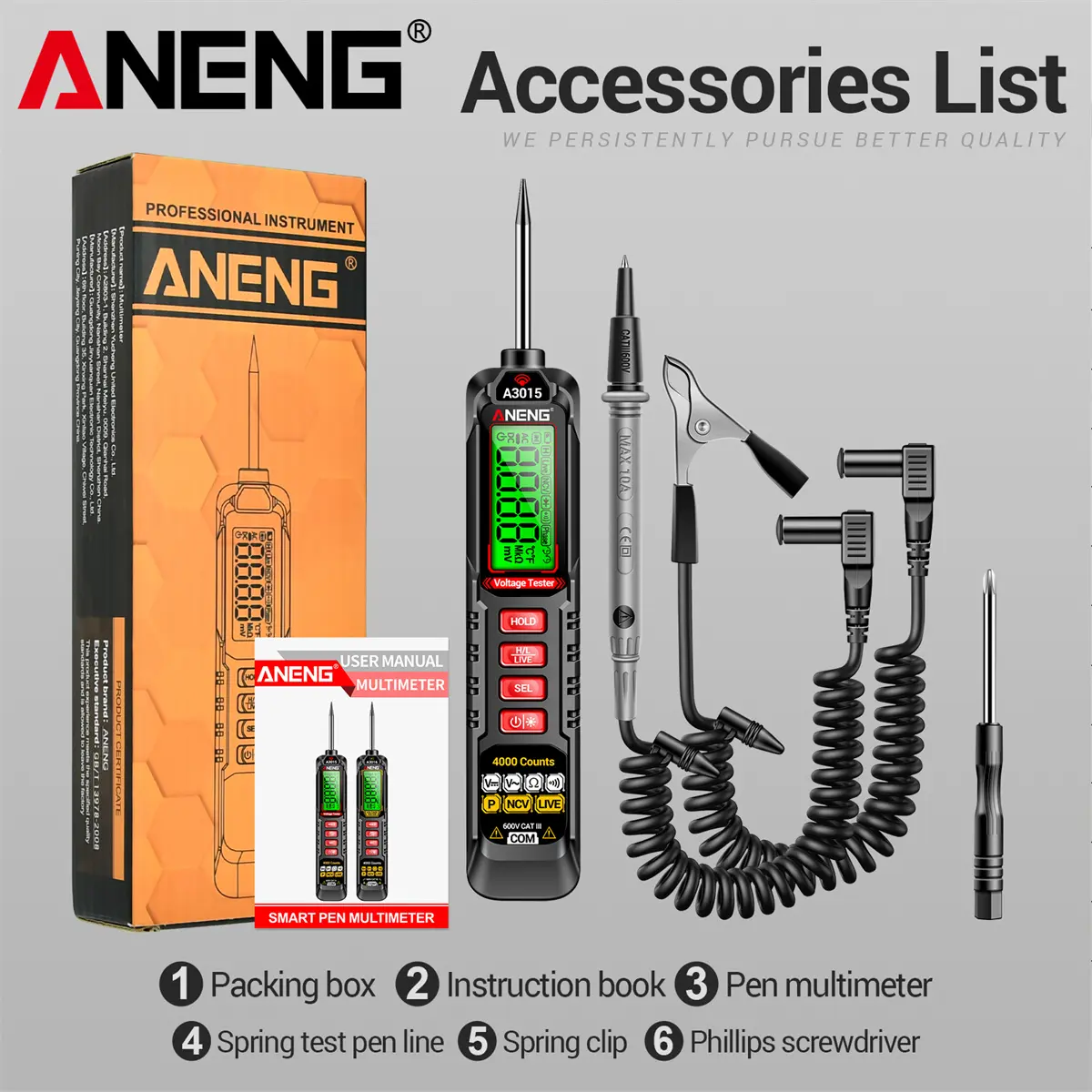 ANENG A3015 Pen-Type Digital Multimeter with Clip Handle Probes - Non-Contact Voltage Detection, Passive Capacitance, NCV, Phase Sequence, AC/DC Voltage, Resistance, Continuity Testing, Built-In Torch, Auto Shut-Off for DIY Enthusiasts, Home Repairs