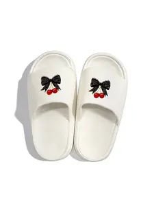 1 pair of women's home slippers, decorated with black lace bows and red cherry patterns, available in multiple colors and sizes, made from soft and comfortable material, designed specifically for women's indoor wear, stylish and cute design