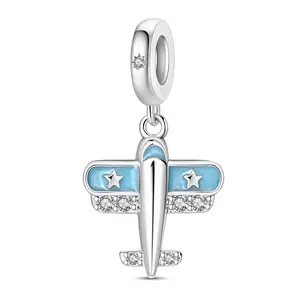 925 Sterling Silver Blue Airplane Aviation Travel Charm For Bracelets DIY