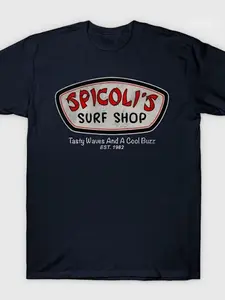 Spicoli's Surf Shop Vintage T-Shirt, Retro Surf Casual Style, Long Slim-Fit Print Top, All-Season Beachwear, Established 1982