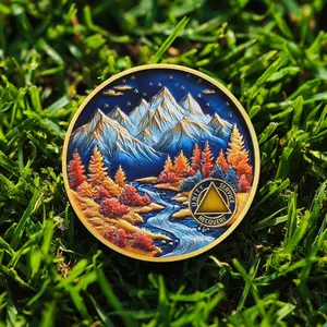 1-99 Years AA Recovery Medallion, Sobriety Gift Autumn Mountains Design