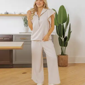 Women's Loose 2 Piece Matching Set, Textured Ruffle Short Sleeve Zipped Hoodie & Wide Leg Pants Tracksuit