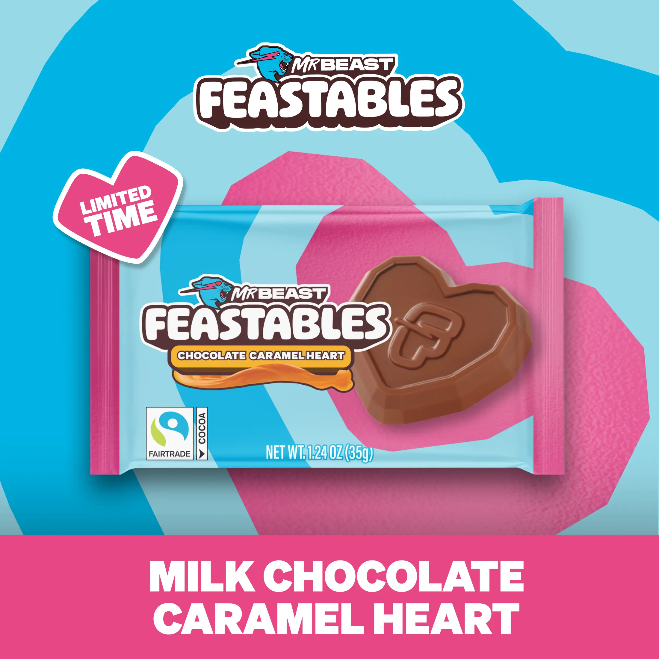 Feastables by MrBeast Chocolate Caramel Hearts, 20-Count Share Pack for Gifting & Sharing