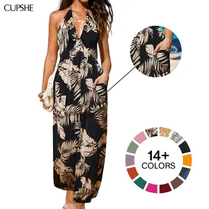 CUPSHE 【Valentine's Day】 Plunge Halter Wide Leg Jumpsuit with Pockets - Adjustable Strap Flowy Tropical Print Overall | 2026 Effortless Beach to Street Resortwear
