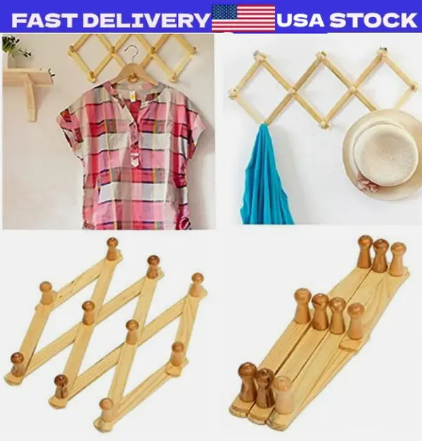 2 Wooden Expandable Accordion Hanger - Wall-Mounted Home Organizer Hook for Hanging Coats, Hats, Mugs