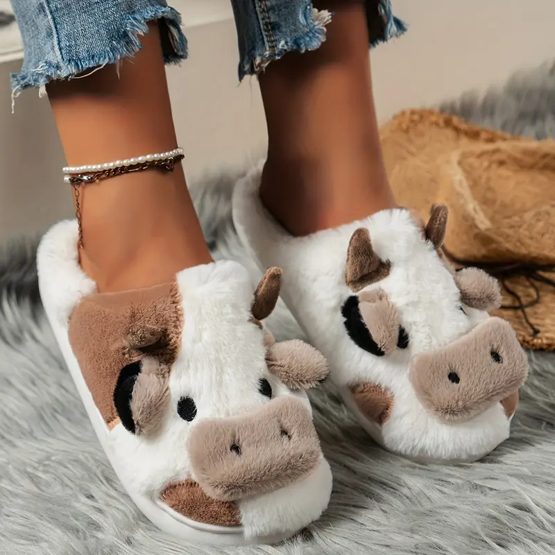 Cartoon Cow Cotton Slippers, Winter Indoor Outdoor Slippers for WomenWinter Warm Shoes Snow House Casual