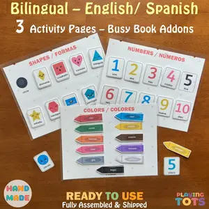 Spanish - Bilingual Laminated Busy Book Addon Activity Pages, Toddler Learning Binder