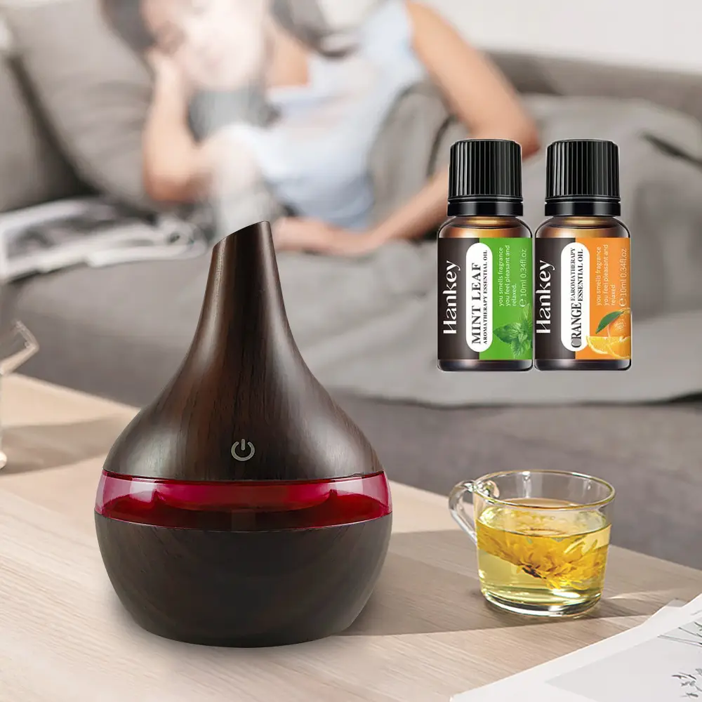 300ml USB Humidifier & Essential Oil Diffuser, Wood Grain Design Cool Mist for Home, Office, Desktop Includes 2 Aroma Oils