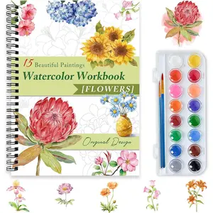 Watercolor Workbooks for Adults Beginners & Teens, 8 x 11 Inch Oversized, 16 Colors 15 Beautiful Paintings, Pre-Outlined Designs, Easy Watercolor Art Book（Flowers）