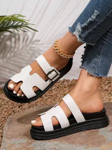 Women's PU Leather Thick Sole Sandals, Adjustable Metal Buckle, One-Step Easy Wear, Lightweight Non-Slip Outdoor Beach Slippers, Adjustable Slide Sandals