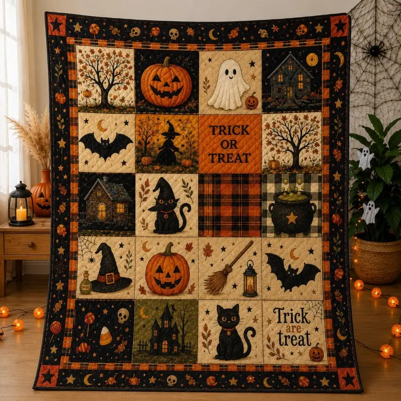 Halloween Quilt Blanket, Spooky Patchwork Throw for Fall Home Decor, Soft Cozy Flannel Plush Bedding Blanket for Sofa Couch Bed Bedroom Living Room Autumn Decor Halloween Gift