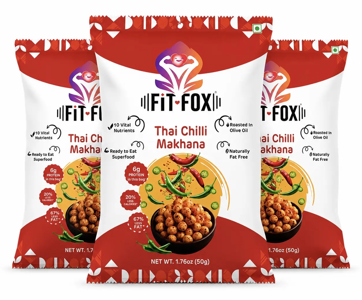 FIT FOX Thai Chili Makhana, Pack of 3 (50g Each) | Roasted Fox Nuts (Lotus Seeds) | Gluten-Free, Vegan, Plant-Based Snack | Roasted in Olive Oil | Crunchy Healthy Snack.  Variety Available in 12 delicious flavors.