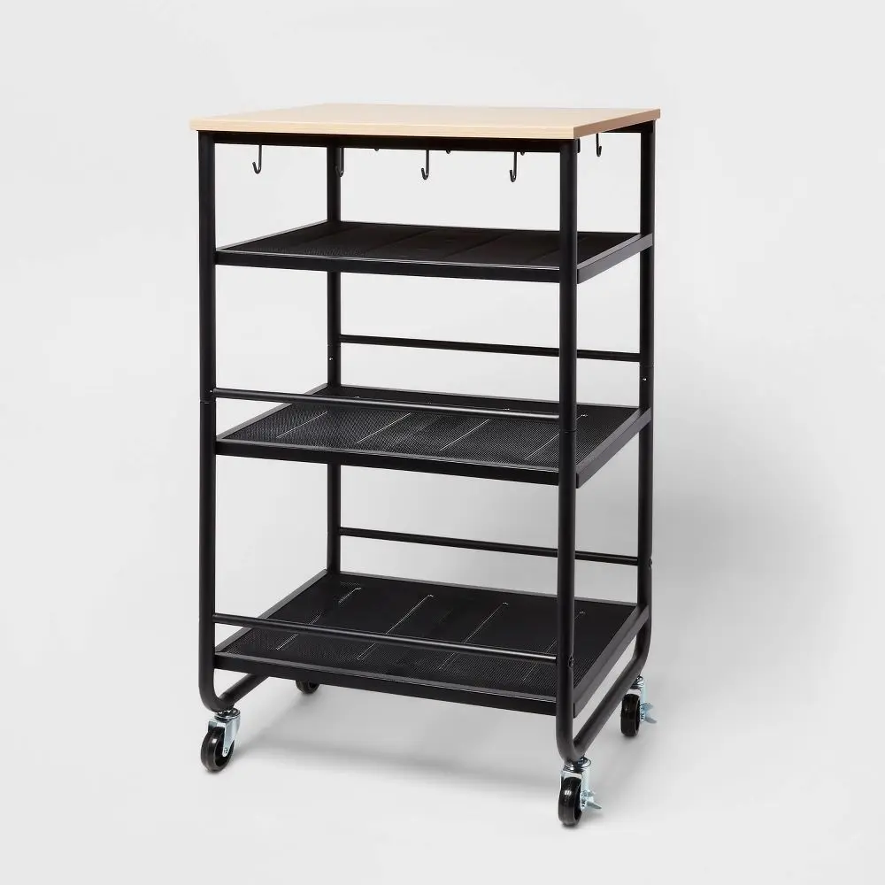 Brightroom Plastic Steel Wood 3 Shelves Hooks Storage Black Rolling Narrow