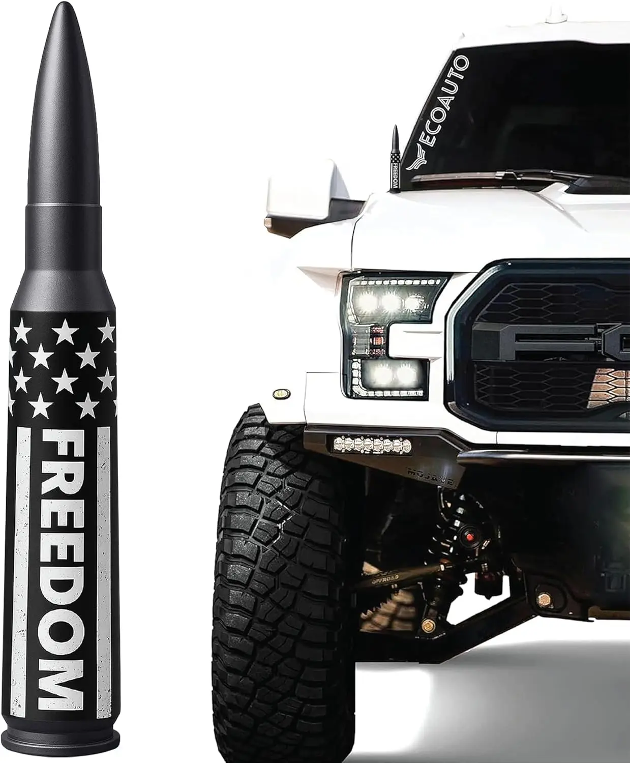 Carbon Fiber Short Bullet Truck Antenna - Anti-Theft, Car Wash Safe Replacement for Dodge, Ram, Ford F150, F250, F350, Raptor - Car Exterior Accessory with CarPlay Compatibility, Bluetooth, Android Auto, Truck Accessories, American Flag, Bullet Antenna