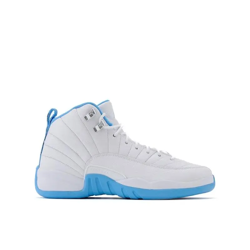 Jordan 12 Retro Melo (GS) Basketball Shoes, Carmelo Anthony Signature Grade School Sneaker, Premium Leather Upper with Stitch Detailing, Zoom Air Cushioning, Durable Rubber Outsole, High-Top Supportive Design, White University Blue Colorway