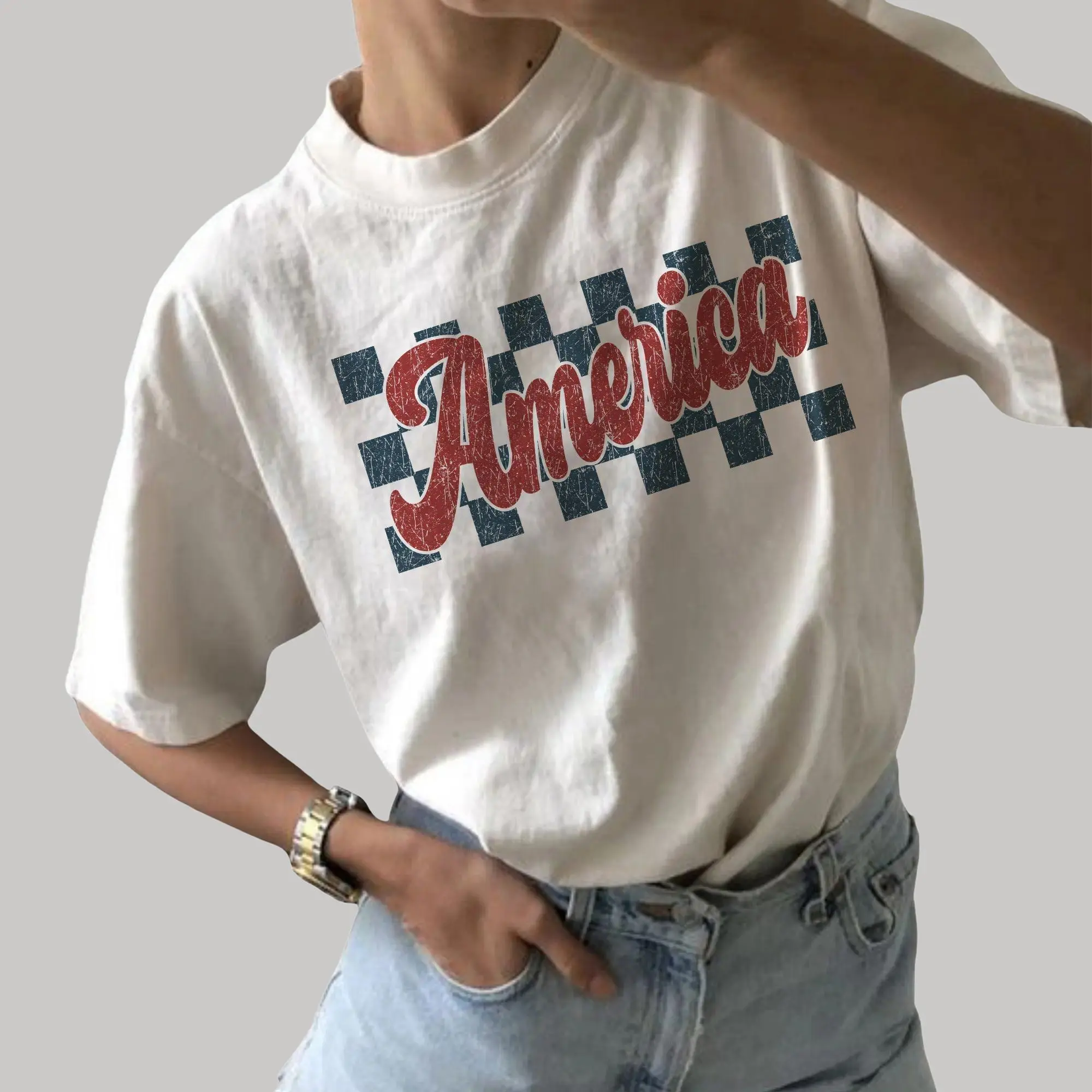 Oversized Patriotic T-Shirt, Vintage Washed America Checkered Graphic Tee, Retro USA 4th of July Shirt for Women, Independence Day Casual Top, Aesthetic Checkerboard Print Apparel, Trendy Patriotic Gift for Her, Summer Holiday Wear