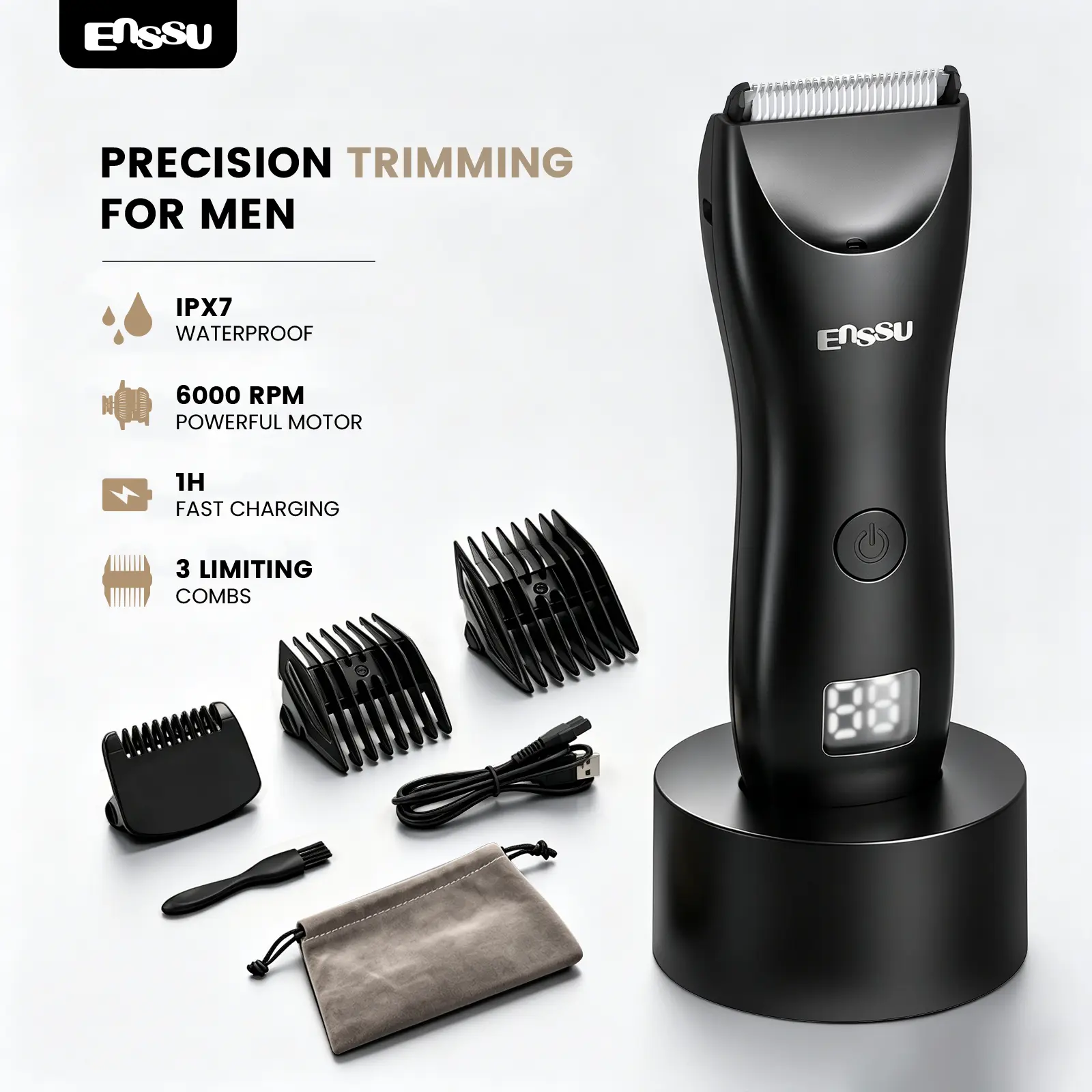 ENSSU Body Hair Trimmer for Men, IPX7 Waterproof, Safe Ceramic Blade, No Nicks No Cuts, Electric Groin & Body Groomer with LED Display